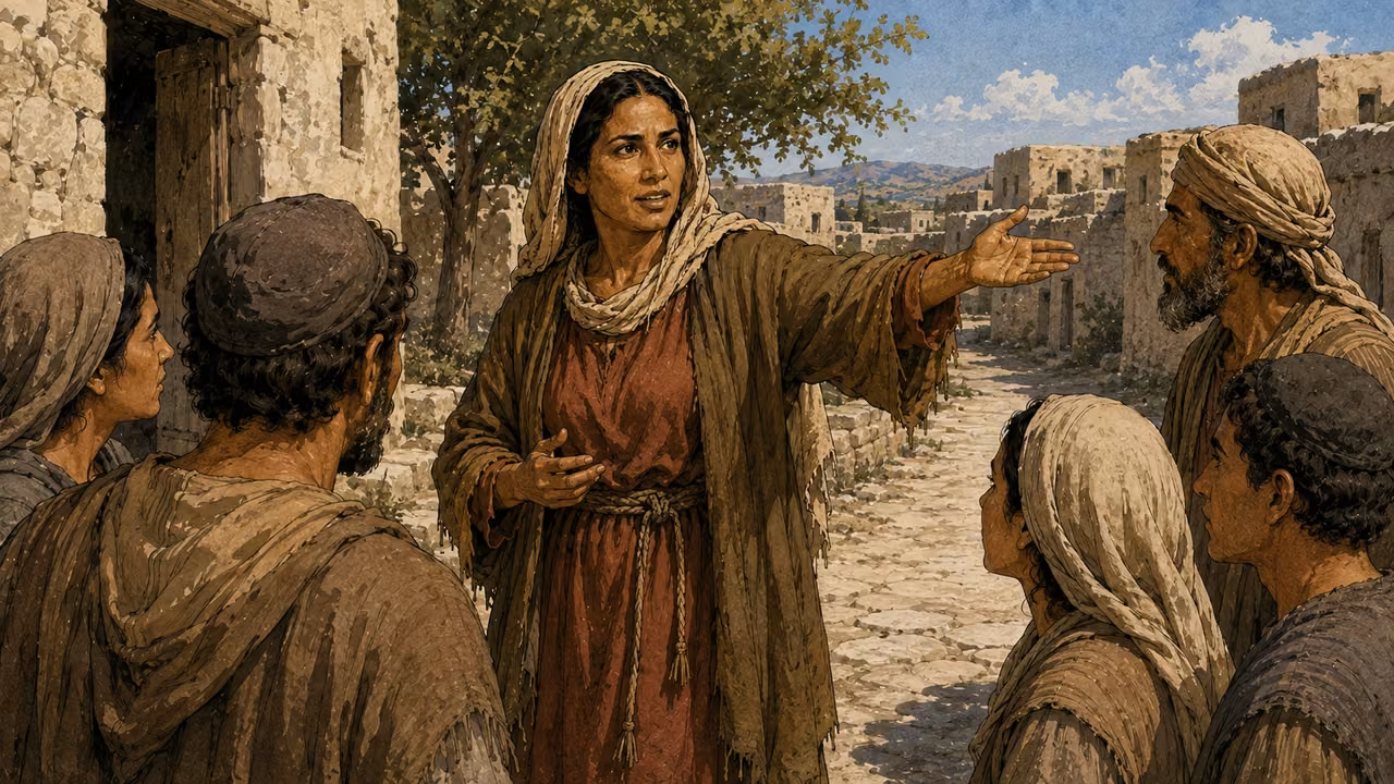 The same woman, now empty-handed, invites townspeople to come and see Jesus.