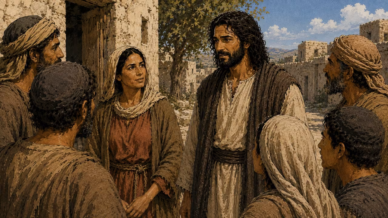 Jesus and the Samaritan woman stand among attentive listeners in the same village.