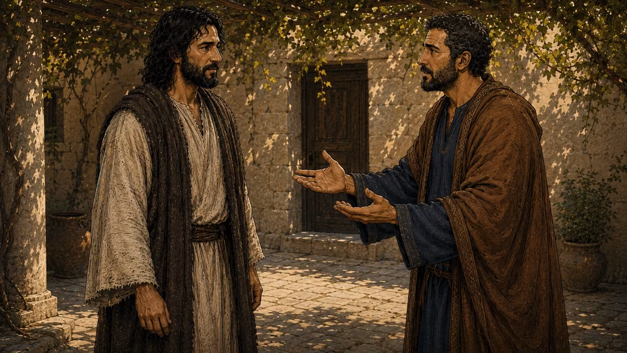 The royal official in a fine blue tunic and brown mantle pleads with Jesus at Cana.