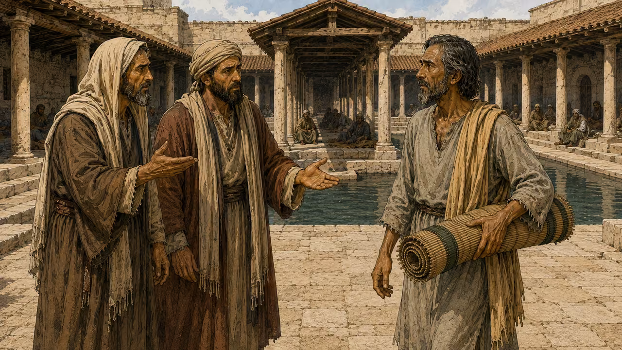 Peter and John teach in the Temple court as the captain approaches them without force.