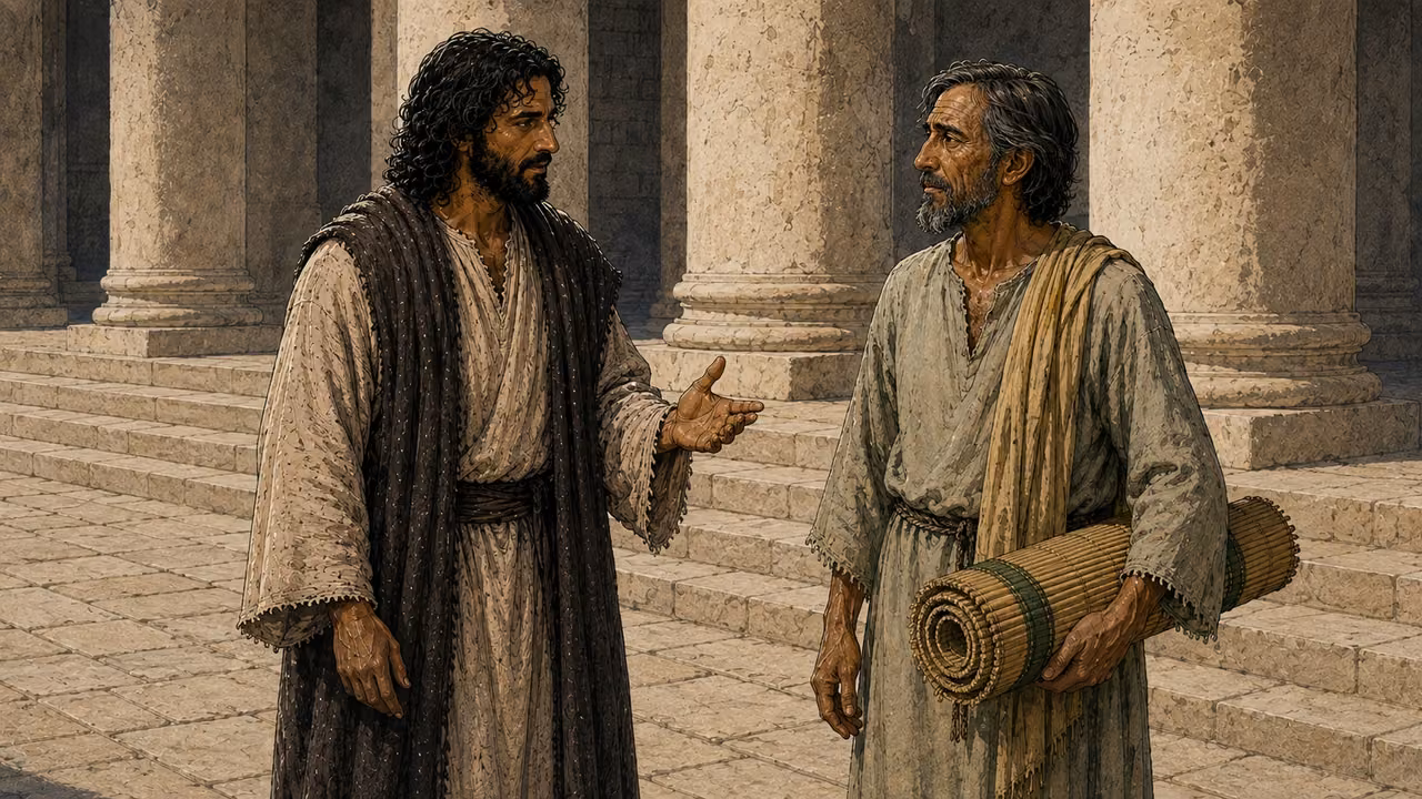 Peter speaks before Annas and Caiaphas with John beside him; no extra healed-man figure is present.