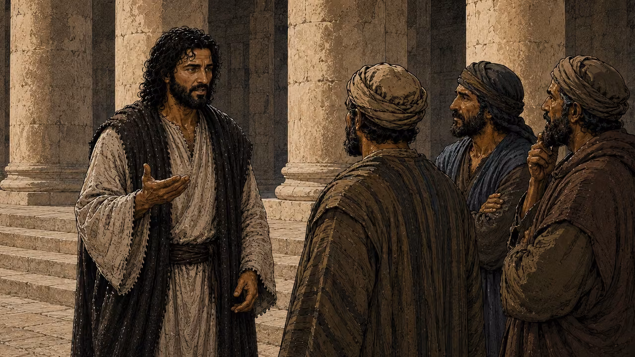 Tall silver-haired Gamaliel counsels Annas, Caiaphas and other elders after the apostles have been sent outside.