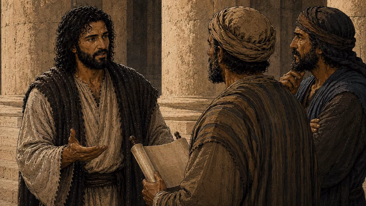 Peter lightly holds his sore shoulder while he and John leave the council courtyard with restrained joy.
