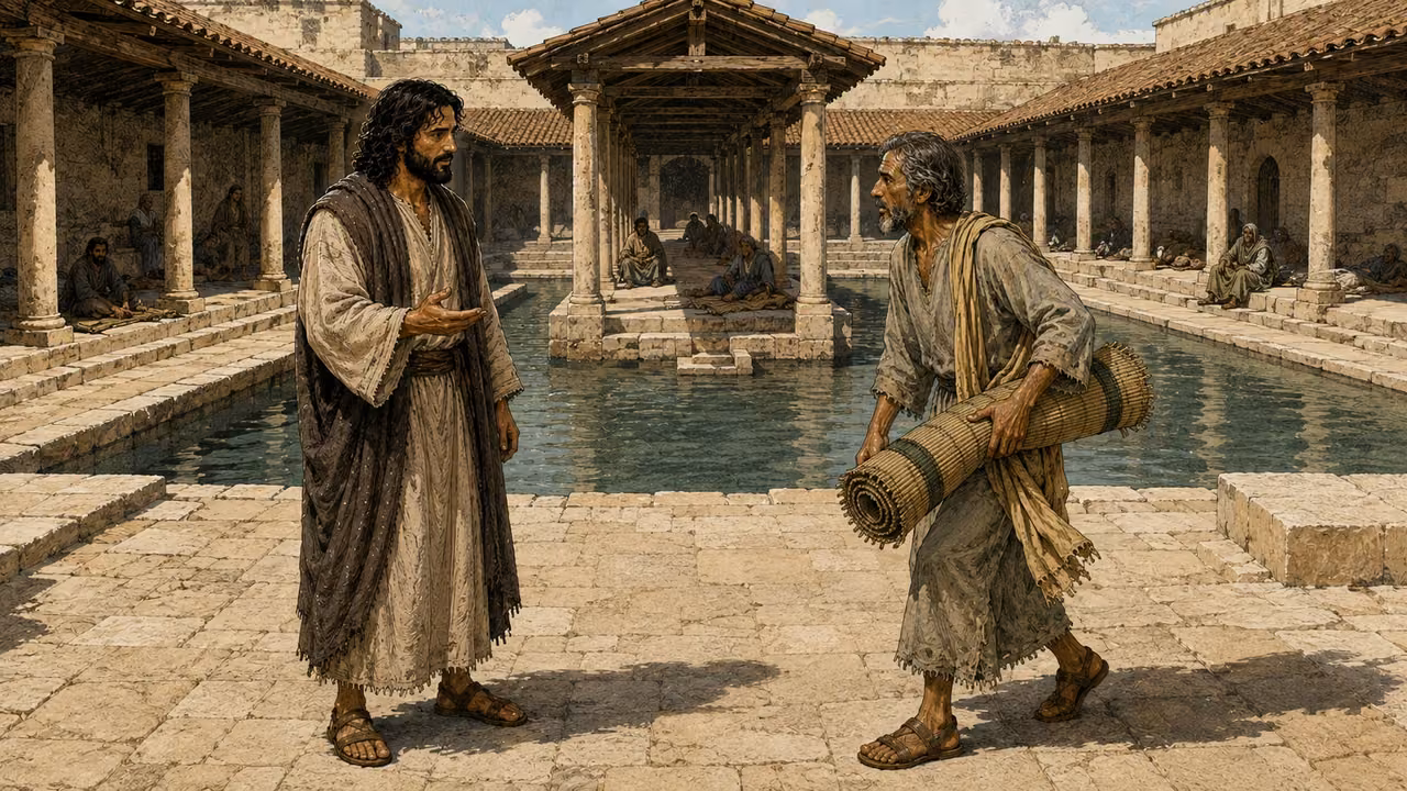 An unnamed humanlike messenger in plain white clothing directs Peter and John through an opened prison door at night.