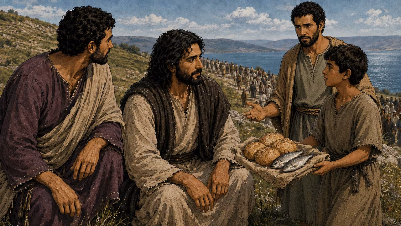 Jesus speaks to listeners among black-basalt houses in lakeside Capernaum.