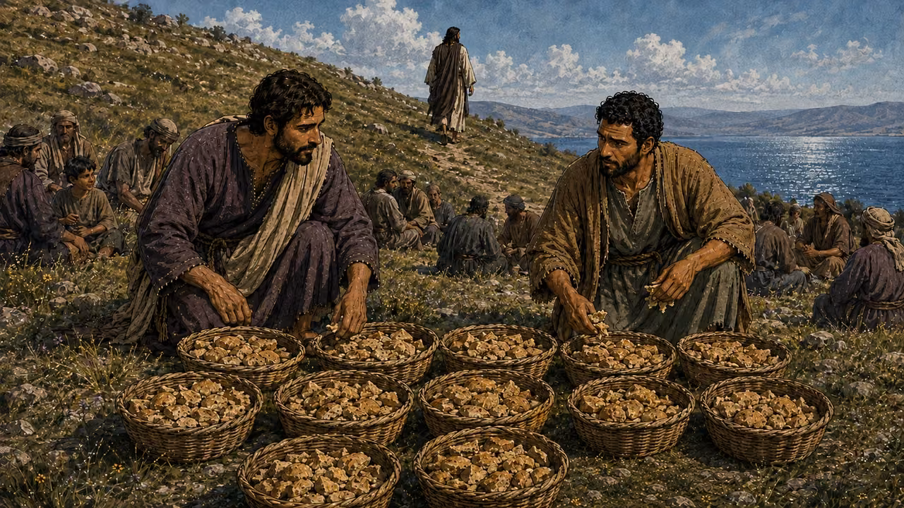 Jesus teaches attentive and questioning listeners inside a plain black-basalt synagogue.
