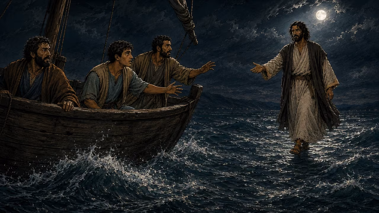 Younger Gospel-era Peter answers Jesus outside the black-basalt synagogue while anonymous disciples walk away.