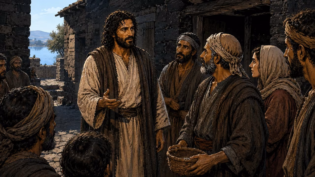 Peter and John pray over exactly seven distinct appointees as women and men of the community observe.