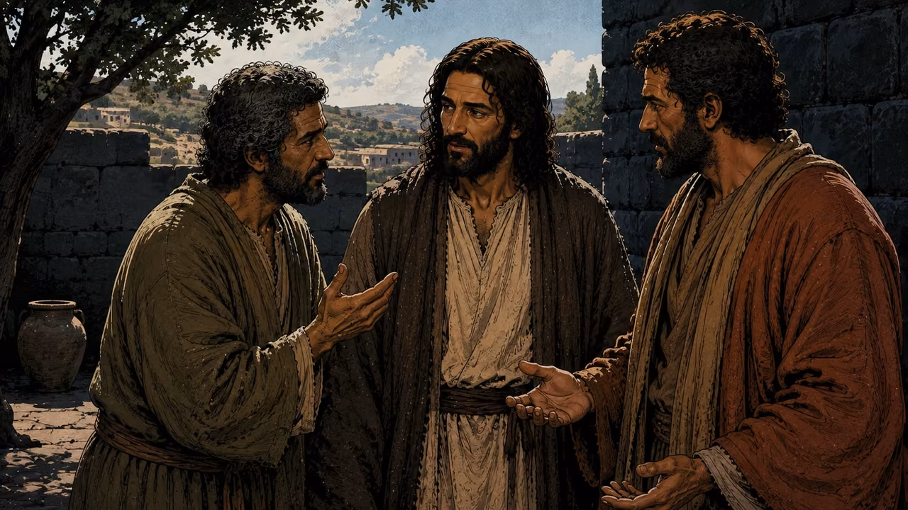 Jesus calmly speaking with two differently dressed men in a Galilean courtyard.