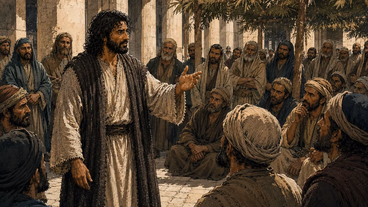 Jesus teaching listeners in a colonnaded Temple court during the feast.