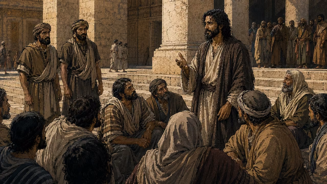 Jesus speaking in the Temple court with listeners nearby and two attendants keeping their distance.