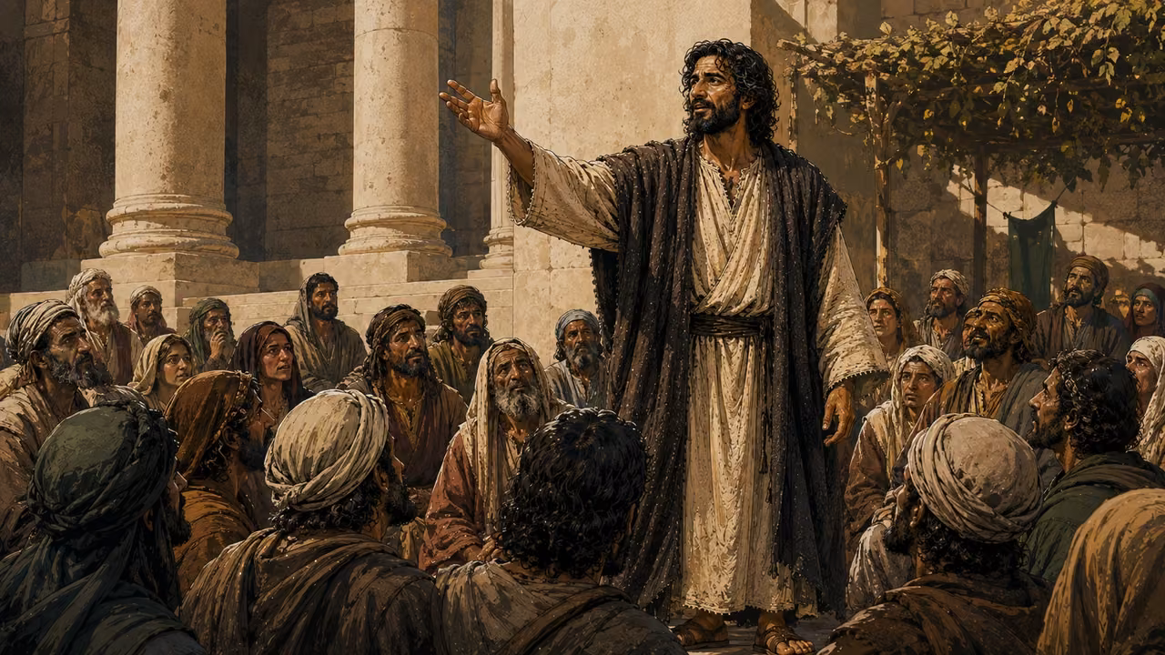 Jesus standing and addressing an attentive crowd with an open raised hand.