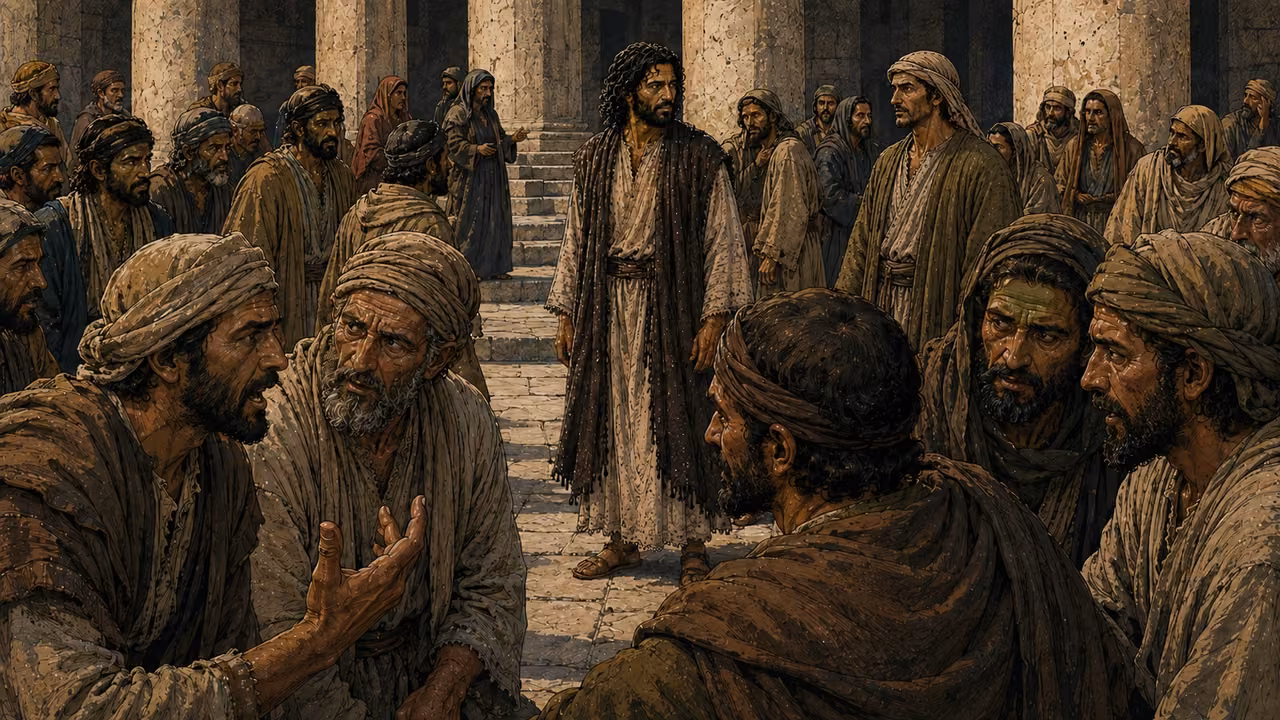 Listeners debating in the foreground while Jesus remains untouched in the Temple court.