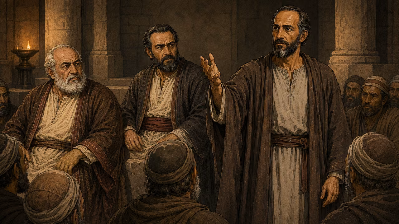 Nicodemus speaking before seated council members in a lamplit room.