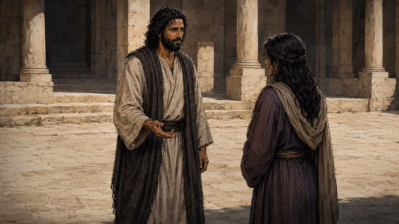 Jesus speaking to a fully clothed woman in a quiet Temple court.