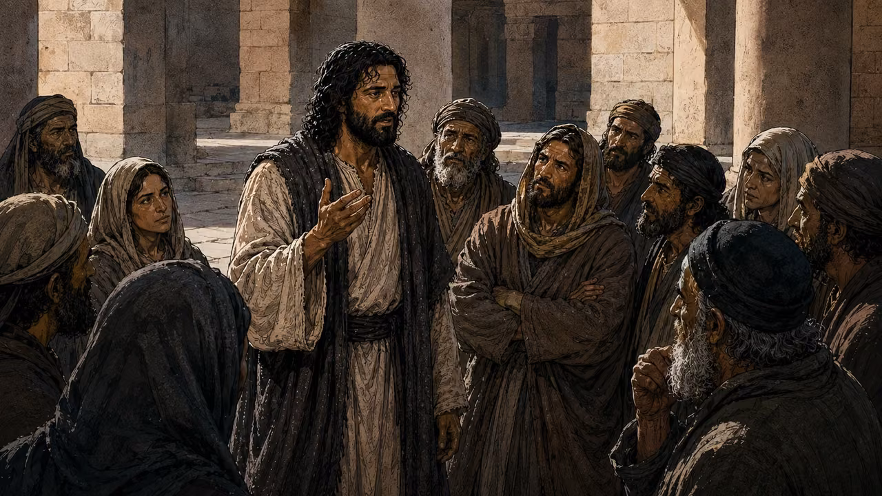 Jesus teaching attentive and questioning listeners among limestone columns.
