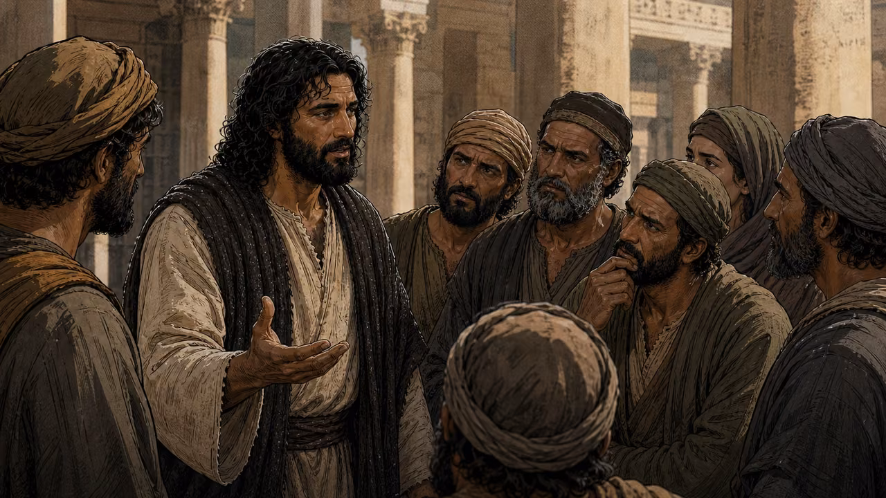 Jesus discussing truth and freedom with listeners in the Temple court.