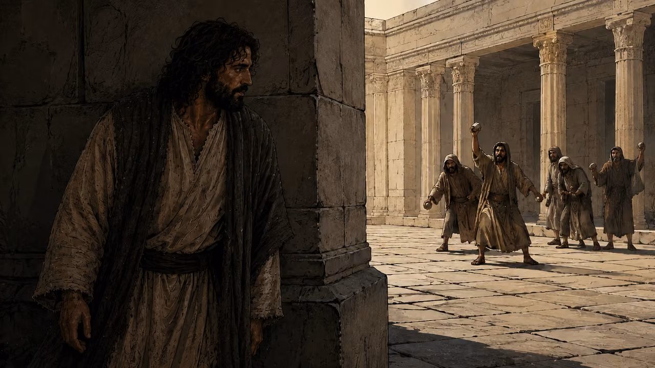 Jesus concealed beside a column as several men farther away hold stones.