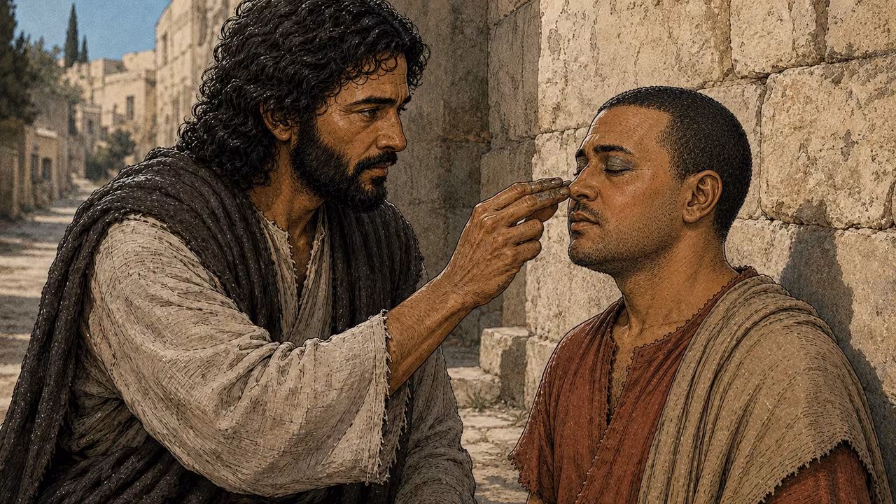 Jesus gently applying clay to the closed eyelids of a man in a brick-red tunic.