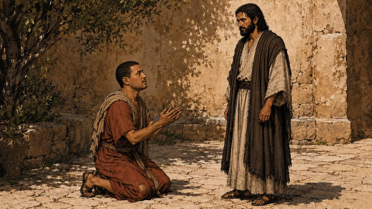 The man in brick-red kneeling before Jesus in a quiet courtyard.