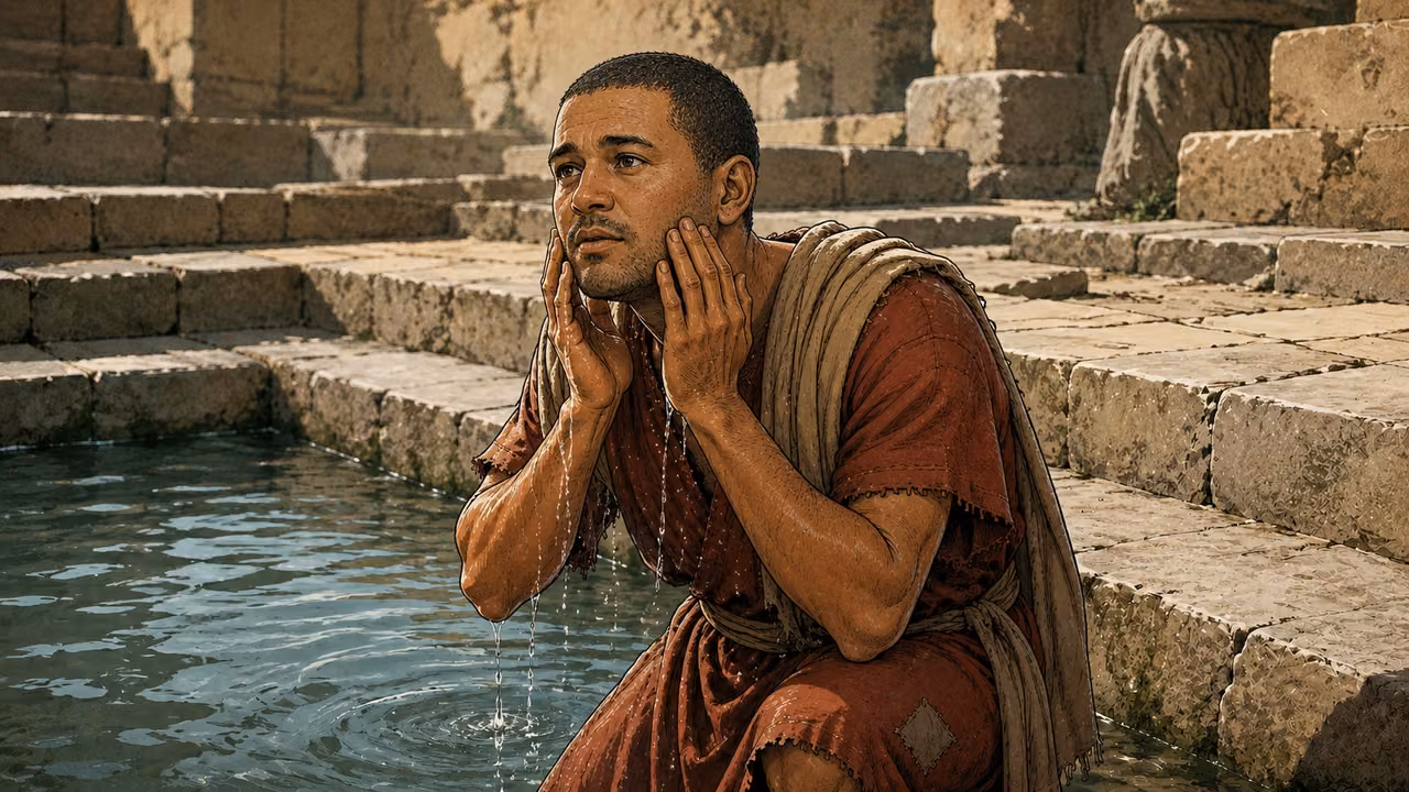 The same man lifting his wet face beside stone pool steps, his eyes open.