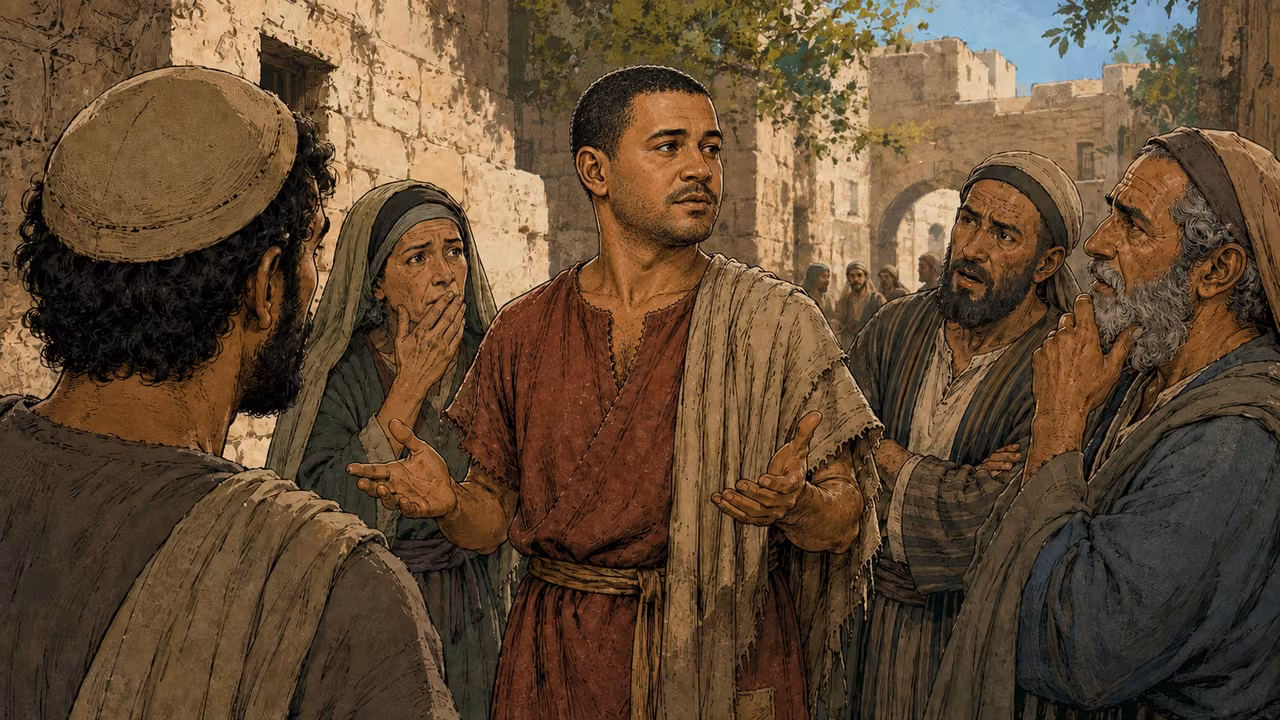 The healed man speaking to questioning neighbors in a stone lane.