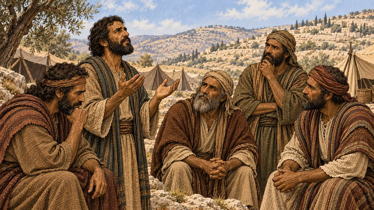 Israelite elders seek guidance in a hill-country camp.