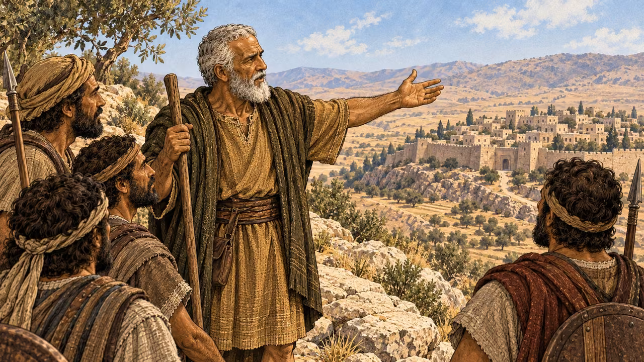 Caleb speaks to the men before Debir.