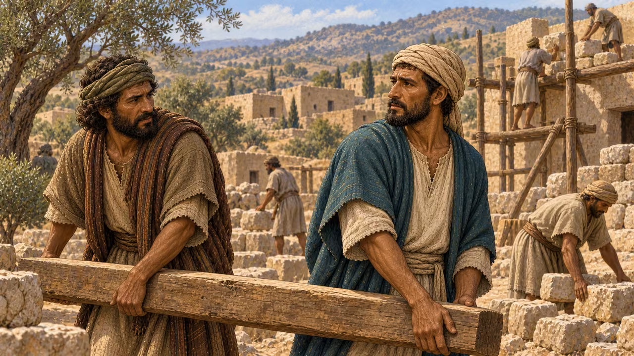 The man from Bethel carries a beam at the new settlement of Luz.