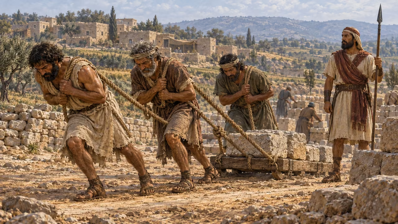 Laborers pull a stone-laden sledge under supervision.