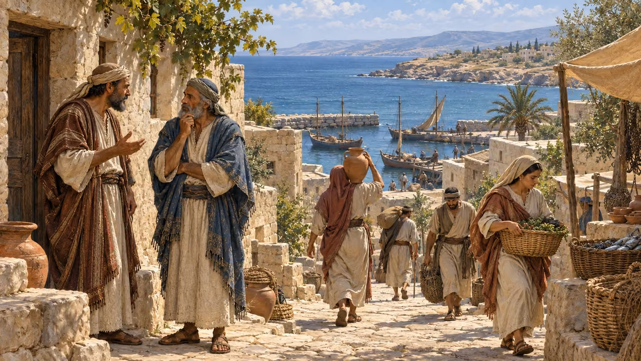 Residents walk through a coastal settlement.