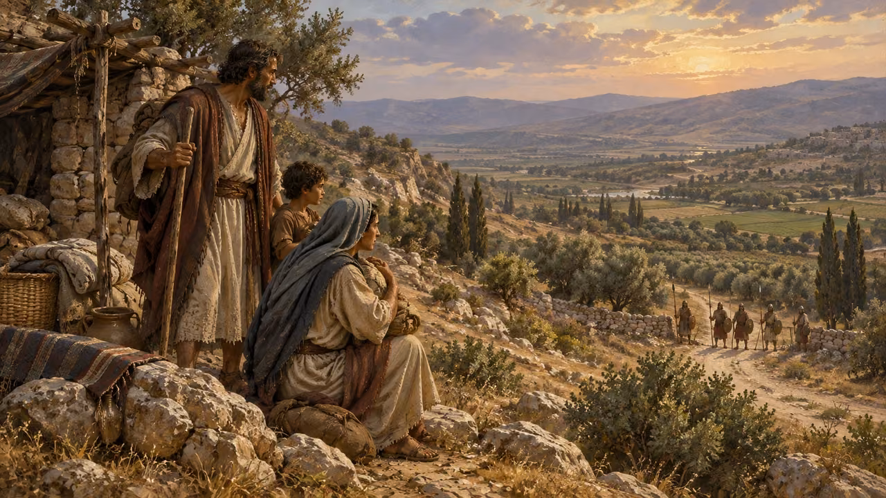 A household waits in the hills above a guarded valley path.