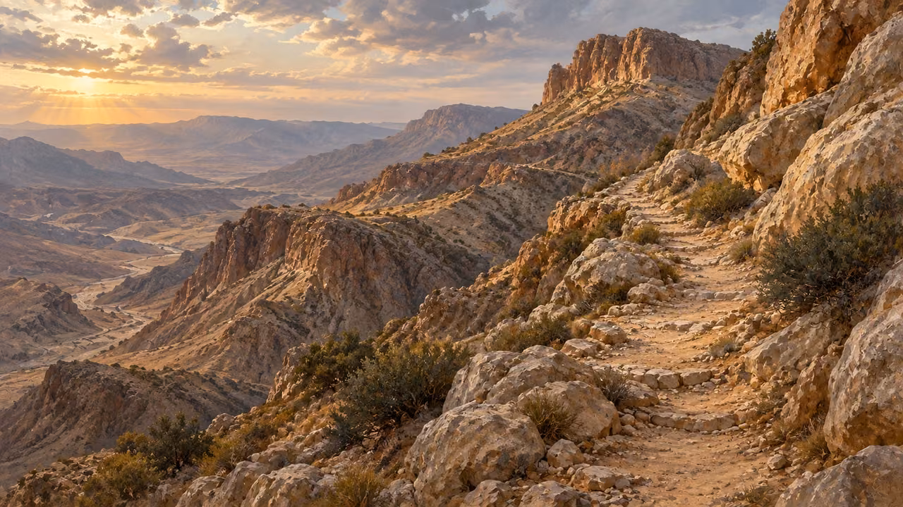 A rocky path climbs the desert escarpment.