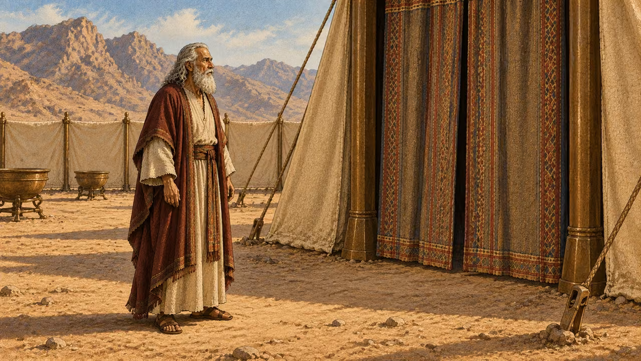 Moses stands alone before the closed entrance curtain of the tent of meeting, listening with solemn attention, hands relaxed and empty. Three-quarter side view of his face, long white hair and beard, cream robe and burgundy mantle. Soft morning light, linen courtyard and Sinai hills. No visible or embodied divine figure, no beam forming a person. No anointing gesture or flask.
