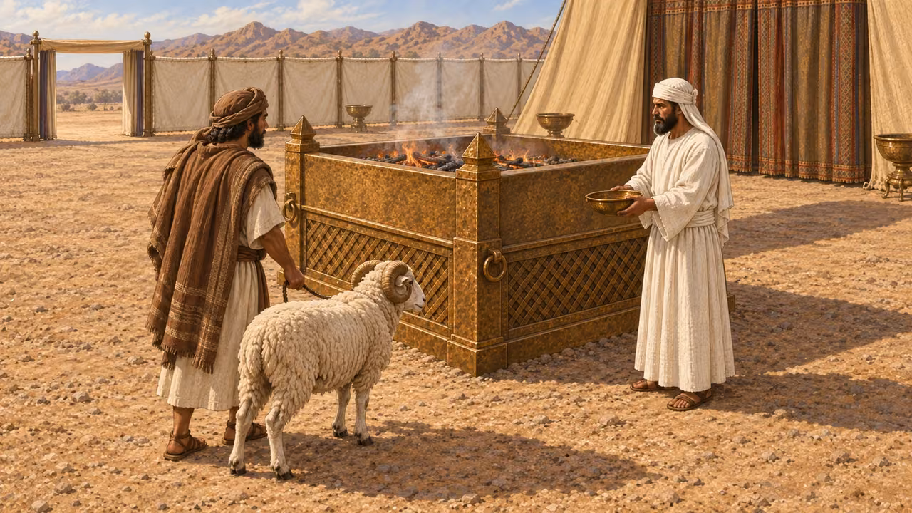 A worshipper brings one healthy male sheep to the outer altar, priest in white linen waiting with bronze bowl. Composition situates action alongside altar; no invented compass markings. Illustrates preparation for the prescribed rite.