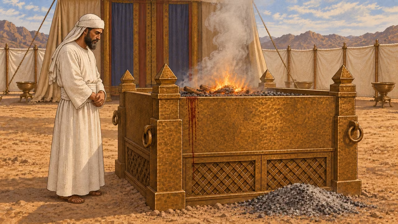 A white linen priest attends a small bird offering burning on wood atop the bronze altar. A modest ash deposit beside altar and feather traces establish disposal context; no close-up mutilation. Natural smoke and morning courtyard light. Represents the prescribed rite without claiming every step is simultaneous.