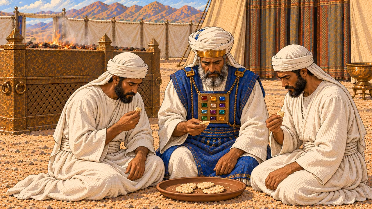 Beside the broad bronze altar in the holy courtyard, Aaron, Eleazar, and Ithamar solemnly eat a modest remaining grain offering as simple unleavened portions from one shared tray. Their priestly garments remain orderly despite grief. Exactly three adult male priests; no daughters, meat, risen bread, feast abundance, blood, bodies, or ordinary camp setting.