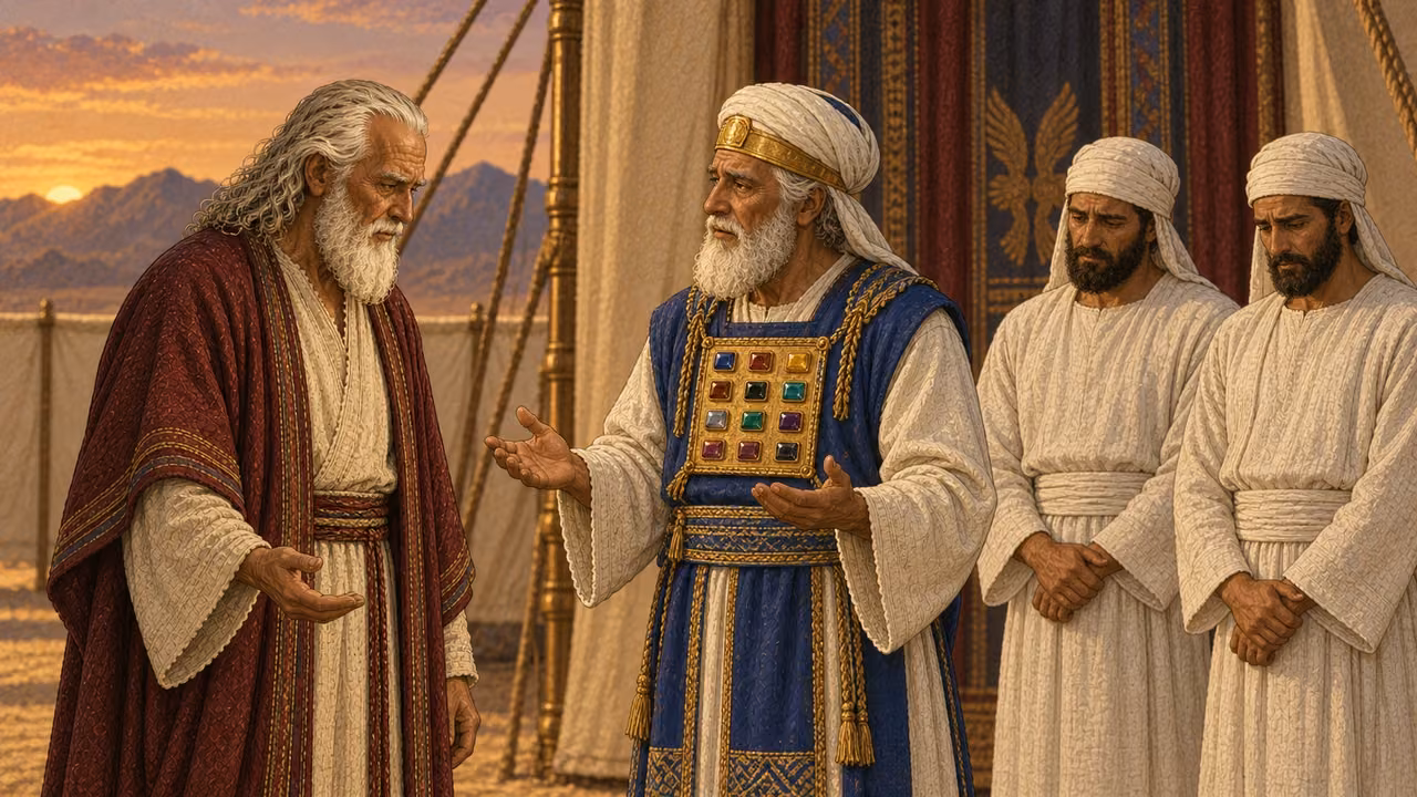 Aaron steps between Moses and his remaining sons and answers with open, grief-weary hands, explaining why he could not eat that day. Moses' stern posture softens into sober acceptance while Eleazar and Ithamar stand quietly behind Aaron. Sanctuary entrance at evening, relational resolution, no speech text, bodies, blood, fire, food, torn garments, or visible deity.