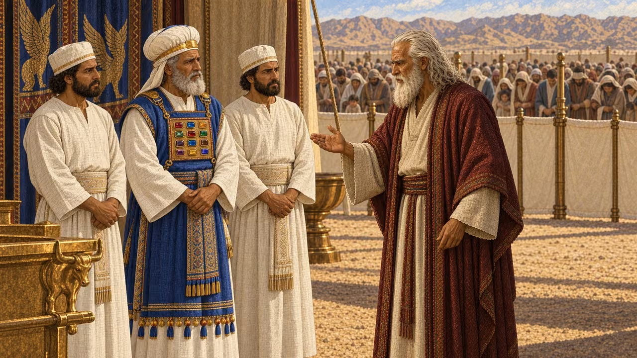At the entrance of the tent of meeting, Moses firmly instructs Aaron, Eleazar, and Ithamar. The three priests keep their hair orderly, garments untorn, and remain within the sanctuary boundary while the distant congregation mourns beyond the linen court. Aaron's anointed head and garments remain dignified. No departure, torn cloth, loosened hair, bodies, blood, fire, or visible deity.