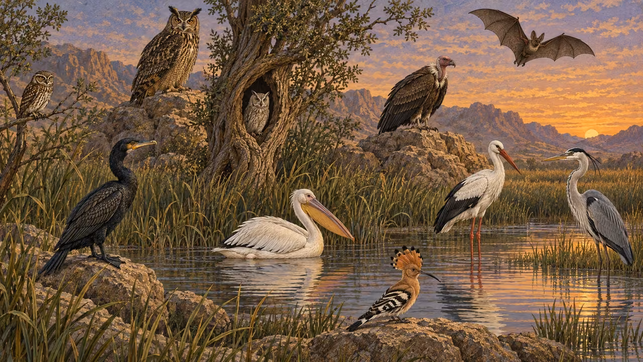 At a twilight marsh bordering rocky country, show the remaining named creatures naturally together: little owl, cormorant, great owl, another small owl type, pelican, carrion vulture, stork, heron, hoopoe, and one bat overhead. One cohesive habitat panorama, not a chart. No humans, dead prey, blood, labels, taxonomic grid, supernatural symbolism, or extra animals.