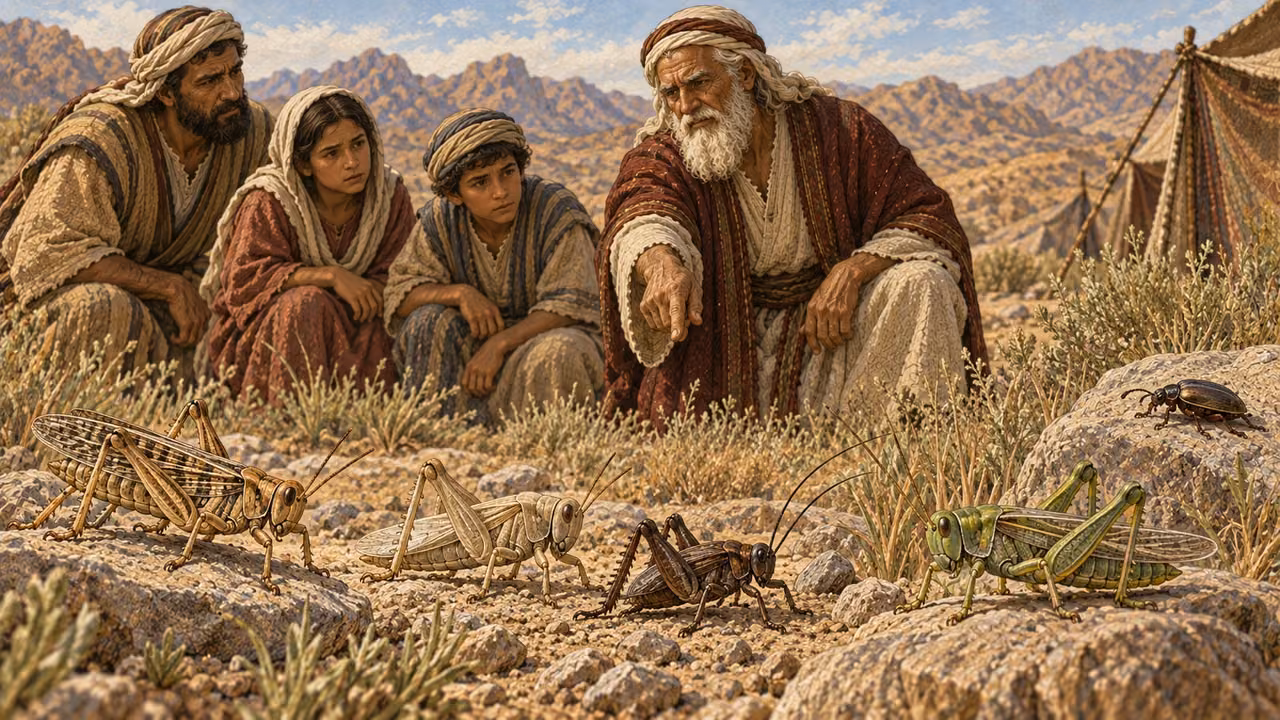 On desert grasses, an elder teaches a family to distinguish winged crawling insects. Four edible leaping kinds with conspicuous jointed hind legs—locust, bald locust, cricket, and grasshopper—occupy the foreground, while a small non-leaping winged crawler remains apart and untouched. Natural insect scale enlarged only enough for clarity; no eating, swarm, plague, labels, specimen boxes, or fantastical anatomy.
