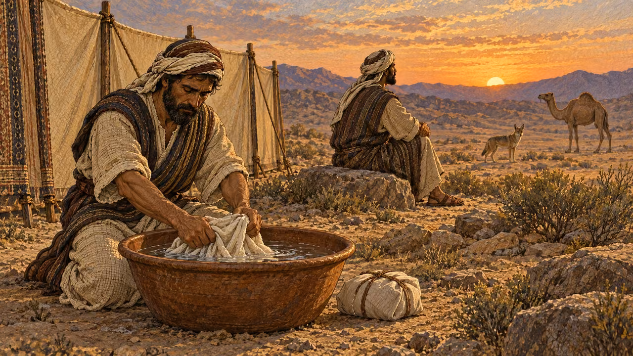 At the camp boundary near sunset, one Israelite who carried a small covered animal carcass washes his linen garment in a basin while another who touched it waits apart until evening. A living pawed desert animal and a partially divided-hoof animal remain distant as teaching examples, never as carcasses. No exposed dead animal, blood, gore, illness, labels, or public shaming.