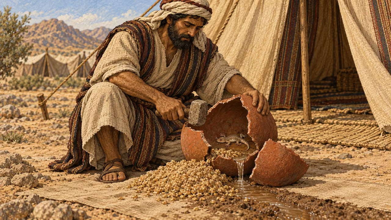 In a camp kitchen, an Israelite carefully breaks one contaminated earthenware jar into large pieces after a tiny dead gecko has fallen inside, while discarding the wetted food and drink that shared the vessel. The action is deliberate and contained. No bronze vessel, oven demolition, blood, gore, infestation, shattered fragments flying at people, labels, or modern kitchen objects.