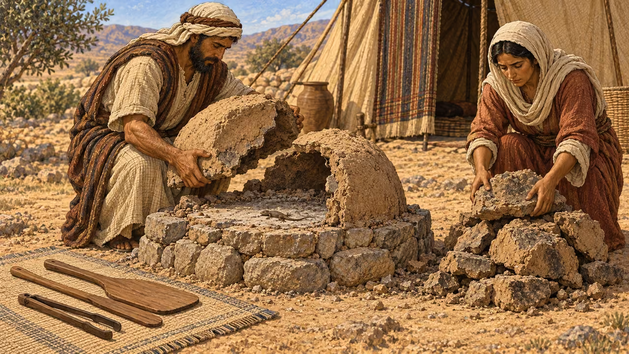 Outside a family tent, two Israelites dismantle a small clay oven and hearth stone by stone after discovering a tiny dead lizard on it. They stack the contaminated fragments away from clean cooking tools. No food, active fire, blood, gore, large animal, panic, text, or modern masonry equipment.
