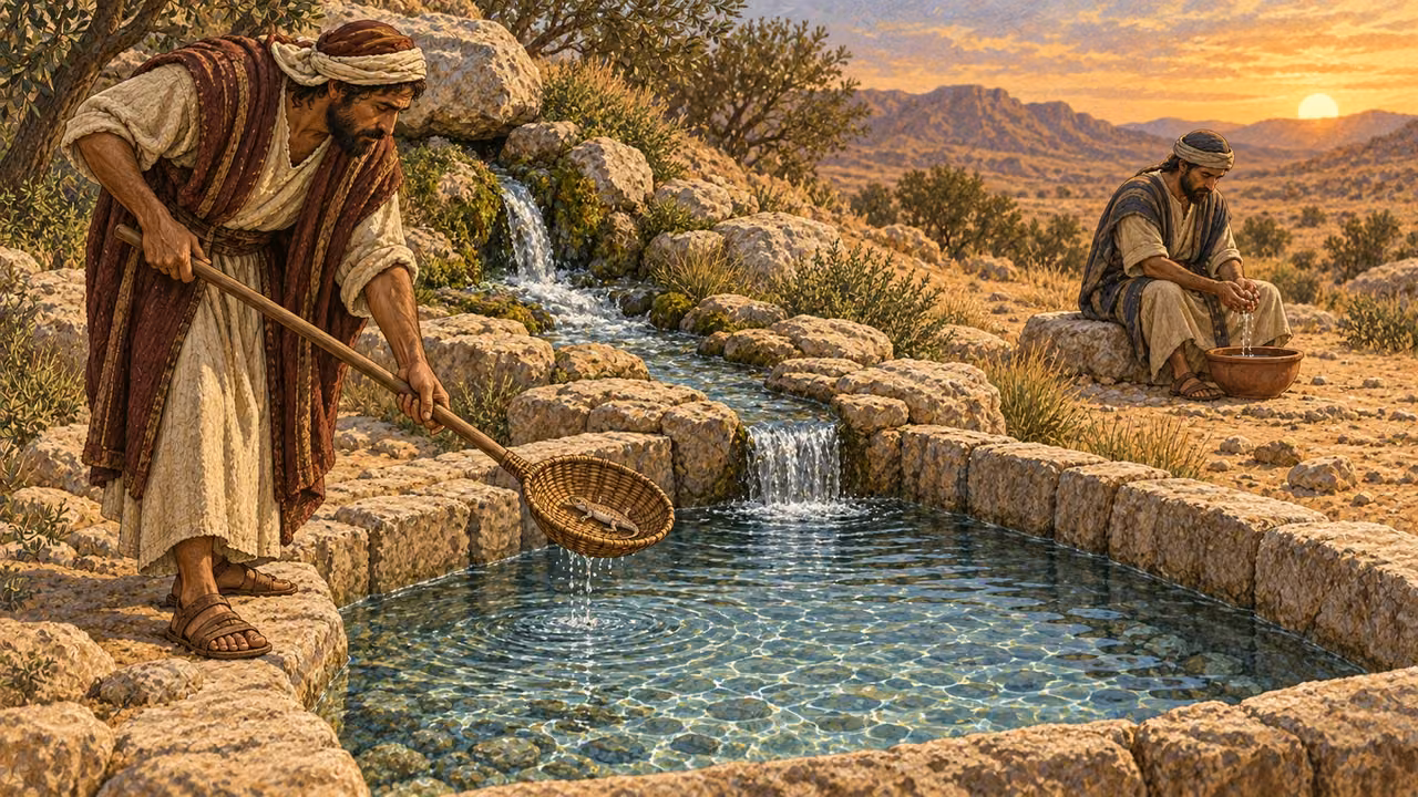 At a rock-lined desert spring and collecting cistern, clear water continues to flow as an Israelite uses a long wooden scoop to remove a tiny dead creature without touching it. Another person who accidentally touched the carcass washes and waits apart until evening. Emphasize the protected living water; no polluted color, blood, gore, drinking from carcass area, labels, or modern pump.
