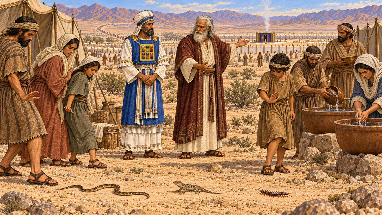 Moses and Aaron stand before Israelite households who deliberately turn away from creeping creatures on the ground and wash their hands and vessels. In the hazy distance, the route from Egypt into the wilderness leads toward the ordered sanctuary, connecting deliverance with consecrated daily life. No pyramids dominating the scene, eating insects, carcasses, blood, labels, humanoid deity, or supernatural figure.