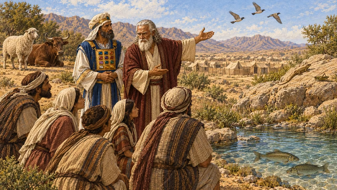 In a final outdoor teaching scene, Moses and Aaron guide families among four orderly living-creature groupings: clean livestock, birds at a distance, scaled fish in a clear pool, and small ground creatures kept apart. Adults and older children practice careful discernment through gesture and spacing. One cohesive landscape, no text, chart grid, cages, slaughter, dead animals, blood, or visible deity.
