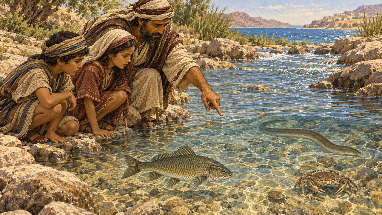 At a clear stream flowing toward the sea, an Israelite parent teaches older children to distinguish a fish with obvious fins and overlapping scales from nearby aquatic creatures lacking one or both features, such as an eel and a small shellfish. The permitted fish is foregrounded and the others remain in water. No catch basket, eating, dead fish, blood, labels, modern gear, or fantastical sea monsters.