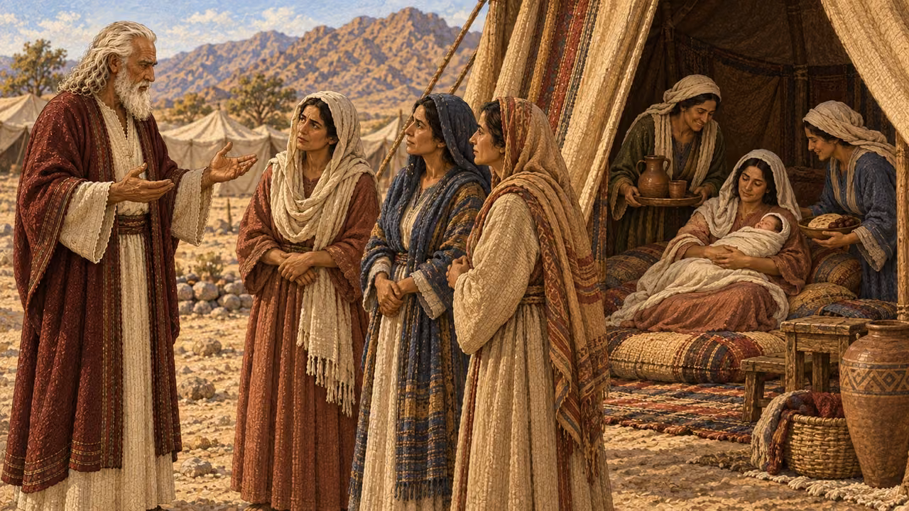 Moses in cream robe and burgundy mantle teaches a small group of Israelite women outside a family tent while, within the shaded entrance, a fully clothed new mother rests on cushions holding her swaddled newborn son. Female relatives bring water and food with gentle care. No childbirth action, exposed body, blood, medical instruments, stigma, or priest entering the tent.