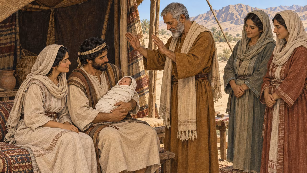 On the eighth morning, a swaddled infant boy rests securely in his father's arms during a quiet covenant ceremony attended by his mother, an elder, and close family. Frame faces, hands, woven cloth, and prayerful attention; keep the rite entirely implied and below the frame. No exposed infant anatomy, blade, blood, wound, medical detail, crowd, or text.